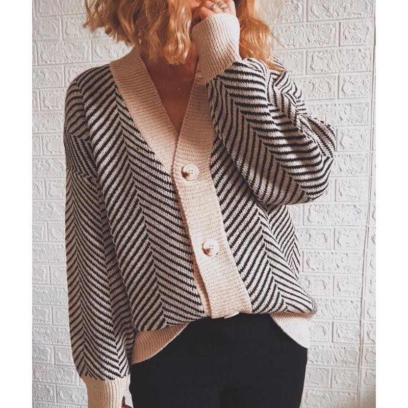 Striped Knitted Cardigan Women's Loose Sweater Single Breasted Buckle Casual Long Sleeved Jacket Warm Comfortable Commuter Tops Autumn and Winter