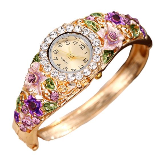 Ladies Floral Bangle Watch Rhinestone Round Dial Watch Elegant Quartz Wristwatch Sparkly Women Timepiece Gift for Mom Wife