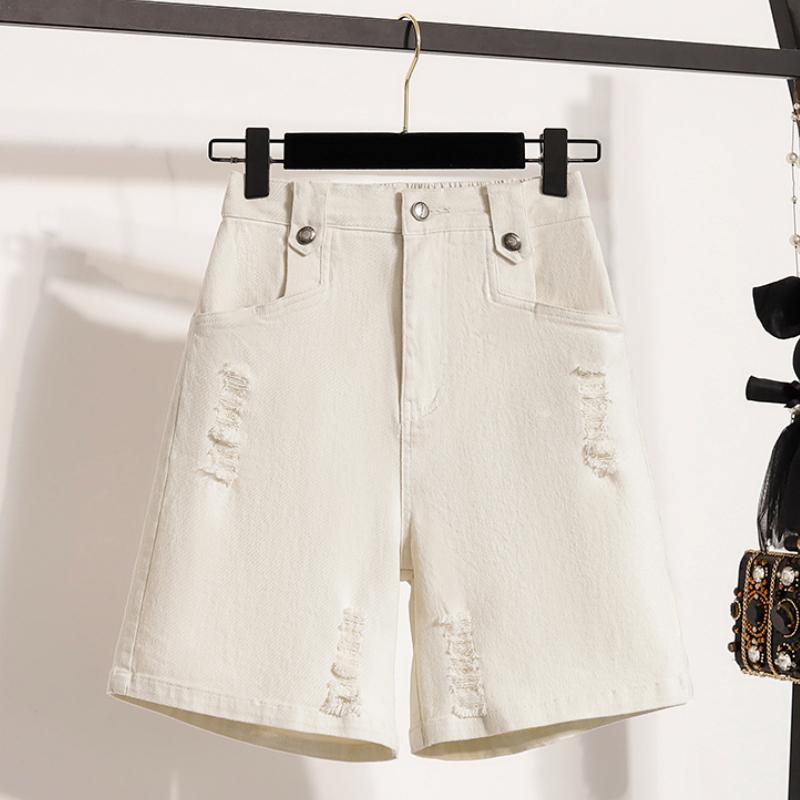 DIMANAF Übergröße Damen Shorts Hosen Sommer Locker Kurze Jeans Basic Hohe Taille Lochhosen Elastischer Bund Maxi