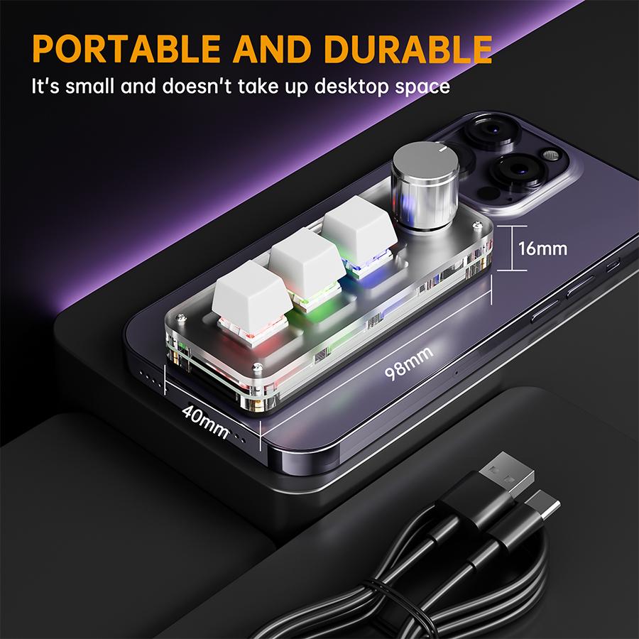 USB Wired Mini Keyboard 3 Keys 1 Knob Macro RGB Programming Custom Mechanical Keyboard Portable Keypad for Gaming Photoshop