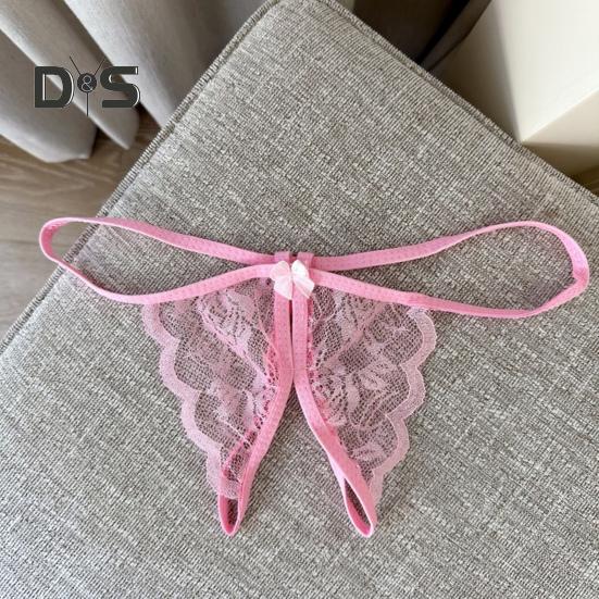 Women Panties Lace Open Crotch See through Bow knot Decor Solid Color Thongs G string Lady Low Waist Thin Intimate Women Underwear