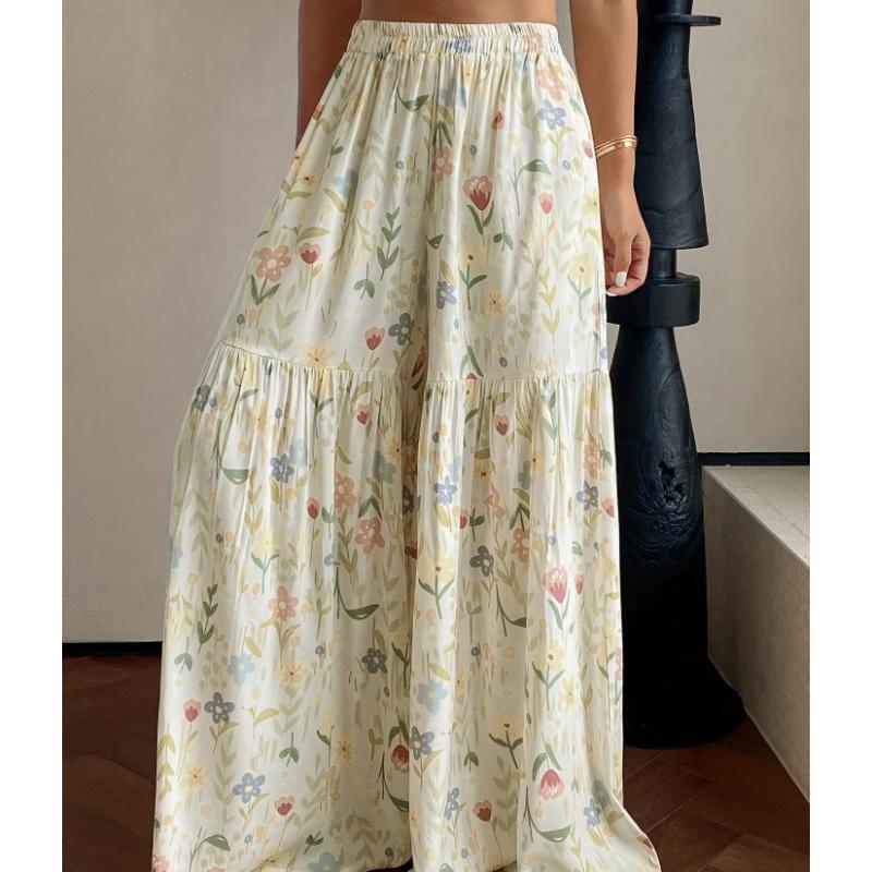 Women's Casual High Waist Wide Leg Pants Spring Summer Long Palazzo Pants Pocket Lounge Beach Vacation Loose Flowy Casual Trousers Outfits for Women