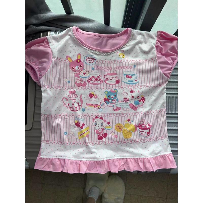 Sweet Crop Top Grunge Cartoon Print Harajuku Contrast Color T-shirt Women Y2k Aesthetic Slim Ruffled Tee Vintage Fairy Japanese