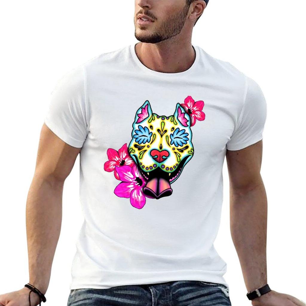 Slobbering Pit Bull Day Of The Dead Sugar Skull Pitbull Dog Tshirt T Shirts For Unisex Graphic Tees T Shirts Cotton 100 Tshirt