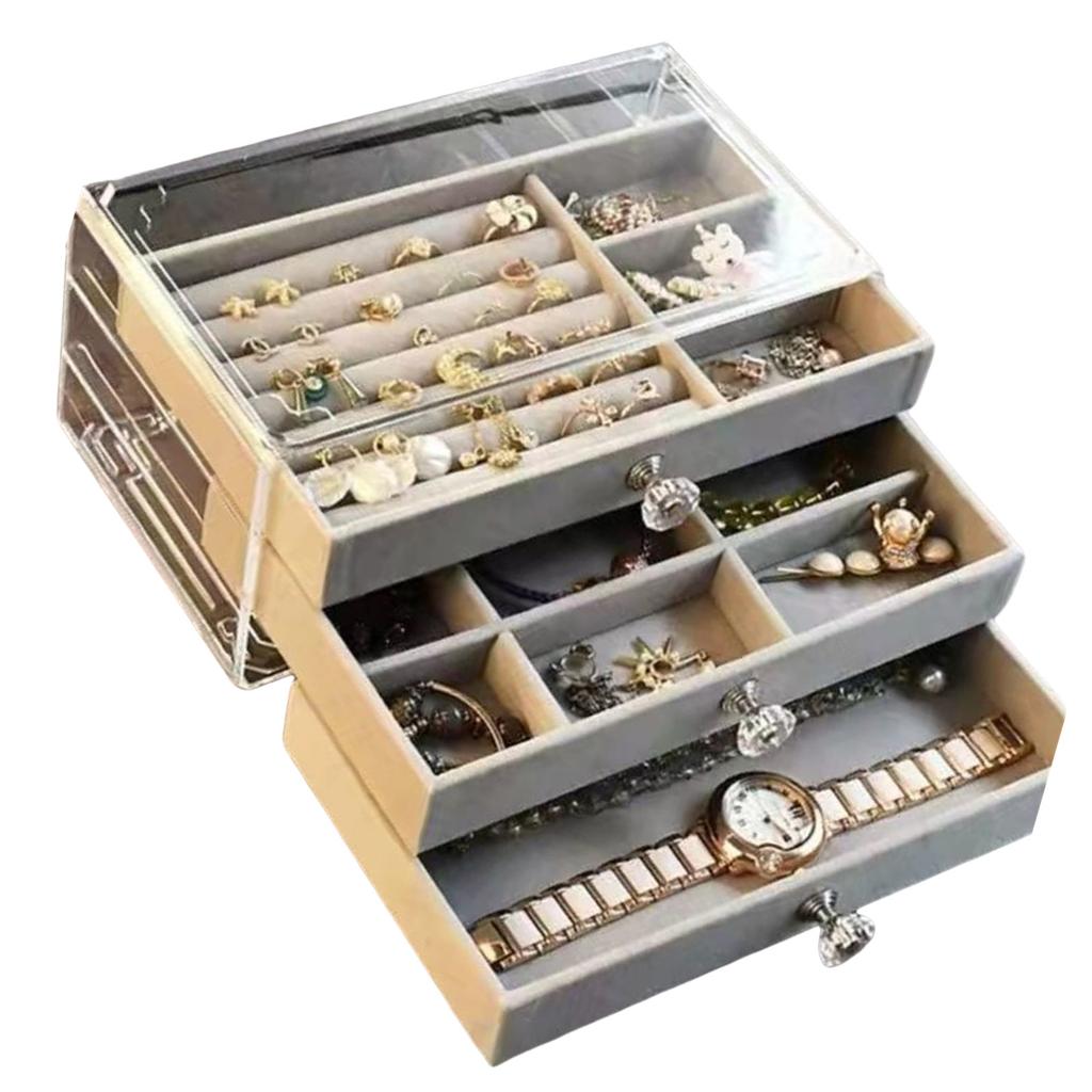 Plastic Velvets Jewelry Organizer 3 Drawers Stackable Display Case for Earrings Necklace Bracelets Accessories Holder