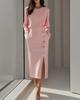 Solid Color Long Sleeve Round Neck Waist Cinched Button Decorated Slit Mid Length Women Dress