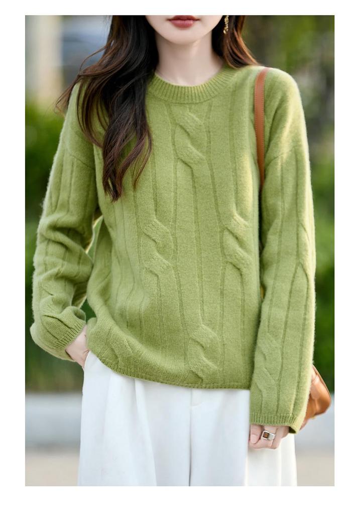 Women's 100% Wool Cable Knit Pullover - Round Neck, Long Sleeve, Solid Color, Loose Fit