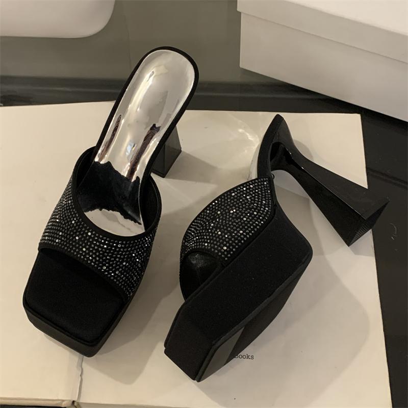 Fashion Eilyken New Fashion Crystal Rhinestone Square Toe Women Slippers Summer Chunky Platform High Heels Shoes Female Pumps