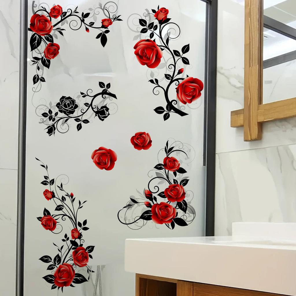 Romantic Red Rose Vine Glass Stickers, Bathroom Door and Window Decorative Stickers
