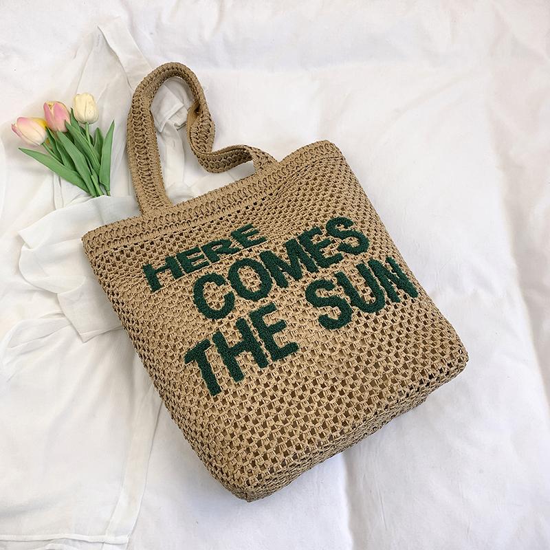 Mesh Tote Bag Women Summer Beach Handbag with Bold Lettering Casual Everyday Shopping Bag