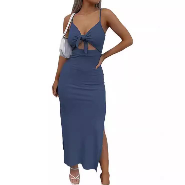 

Elegant Brown Sling Dress with Bow Tie Detail, Waist Cutout, and High Slit, Long Flowy Maxi Dress for Women XL темно-синього кольору