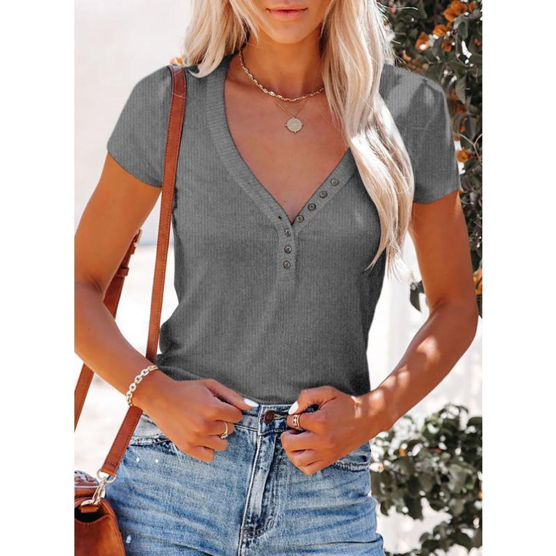 T-shirt da donna estiva corta sexy tinta unita da donna profonda a V slim top sottile corta sexy di nicchia