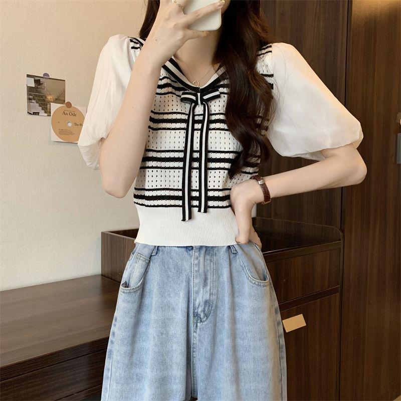 Summer Korean Academy Style Navy Collar Bubble Short Sleeve Slimming Striped Knitted Shirt Top for Women
