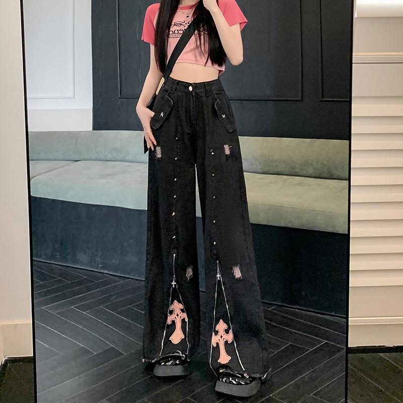 Autumn Women's Fashion Casual Retro Embroidery Loose Straight Pants