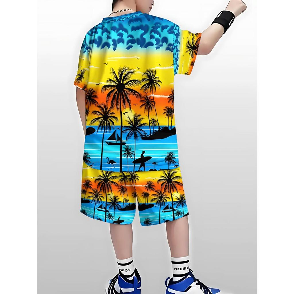 Summer boys' casual sports short sleeved shorts 2-piece set - brown paulownia tree 3D printed pattern T-shirt top+shorts set