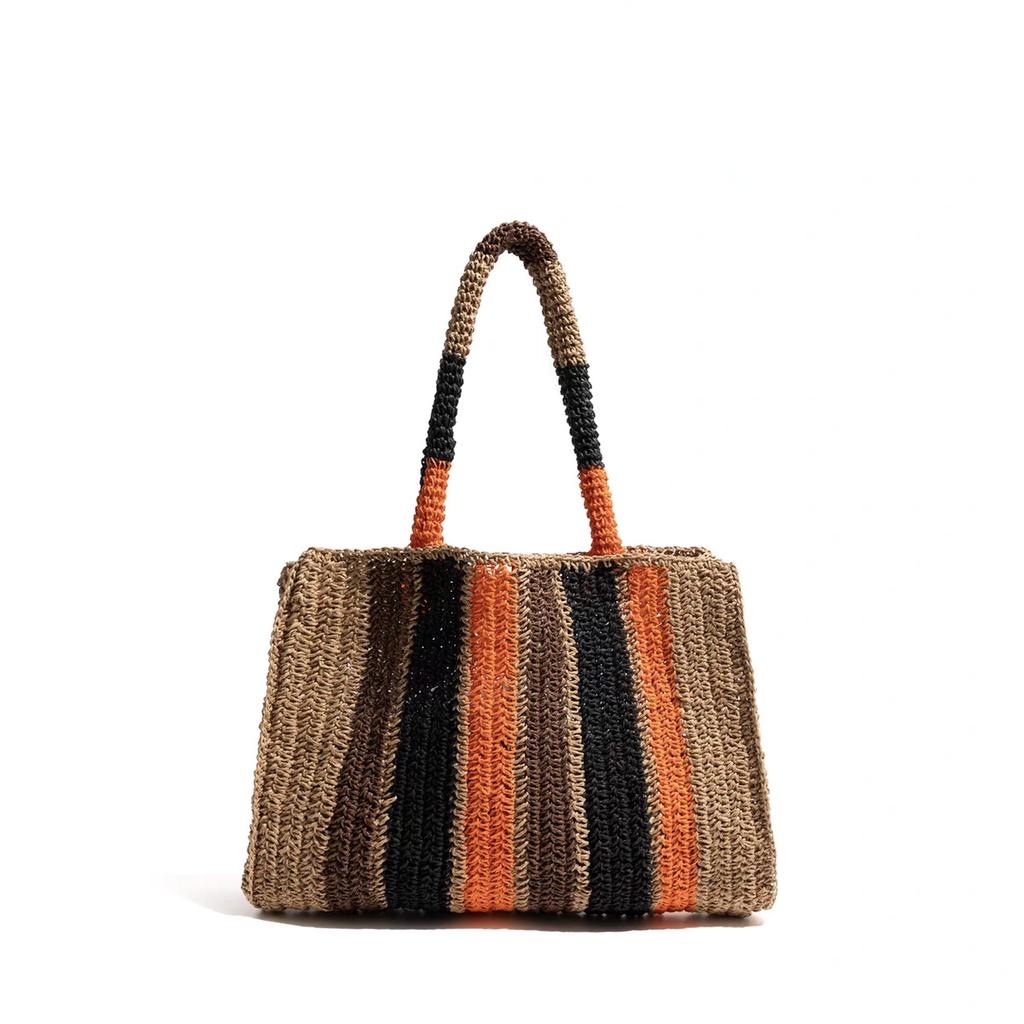 Contrasting Paper Rope Striped Straw Bag Versatile Handwoven Bag Holiday Beach Bag Large Capacity Shoulder Tote Bag
