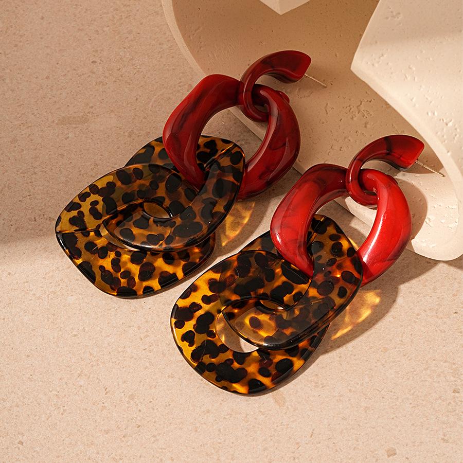 Boucles d'oreilles géométriques exagérées à imprimé léopard - Acrylique unique à blocs de couleurs avec design aiguille en argent pour femmes