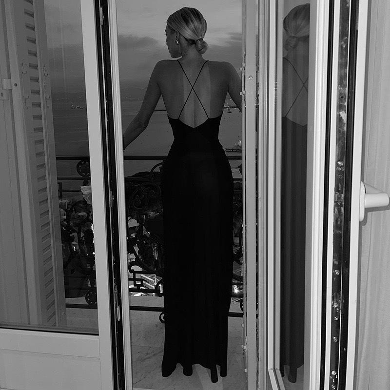 2024 New European & American Summer Deep V-neck Backless Chiffon Maxi Dress for Women