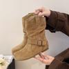 Western Cowboy Boots Martin Boots Women's Shoes Retro Suede Buckle 2025 New Summer Design Pleated Small Short Boots