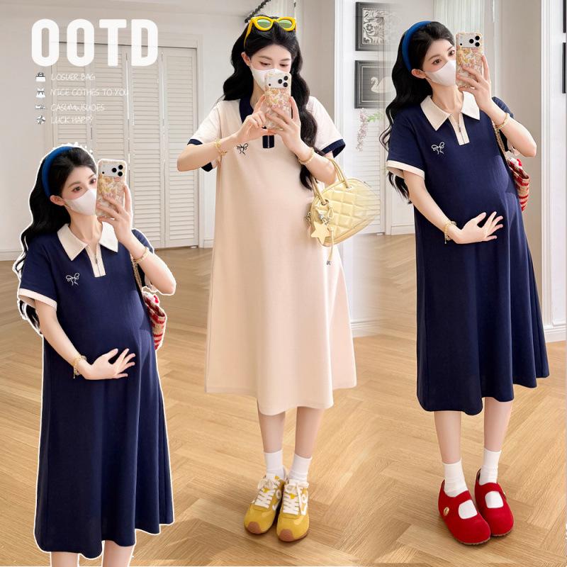 Summer 2026 Maternity Color-Block Zipper Polo Dress - Casual Loose A-Line Mid-Length Skirt
