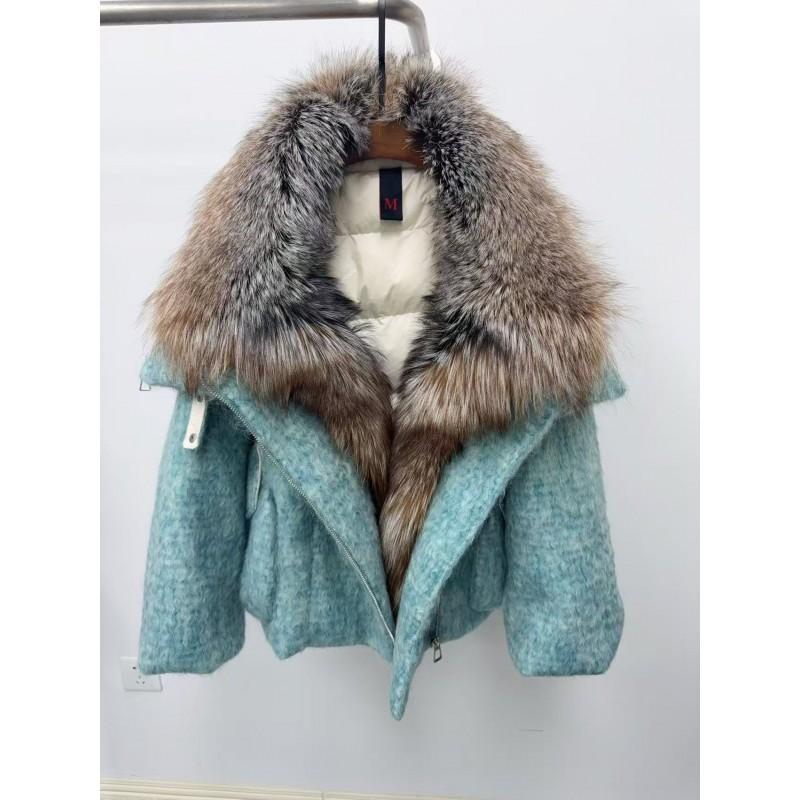 Womens 2026 Winter Goose Down Coat With Real Fox Fur Collar Loose Wool-Blend Puffer Short Jacket