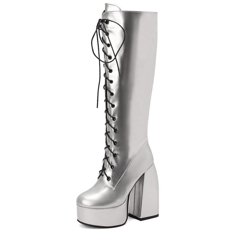 Sexy Lace Up Platform Long Boots Women Thick Gothic Heels High Knee Boot Winter Red Black Green Fetish Party Shoes Large Size 48