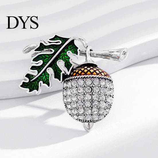 Alloy Lapel Pin Bling Rhinestone Acorn Brooch, Green Leaf Decorative Embellished Brooch for Suits Coats Bags, Jewelry Accessory Men Women