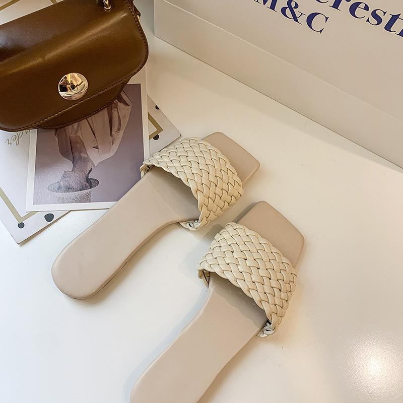 Women's Summer Clip On Flat Bottomed Slippers Casual Square Head Knitted Strap Beach Sandals Shoes 35-42