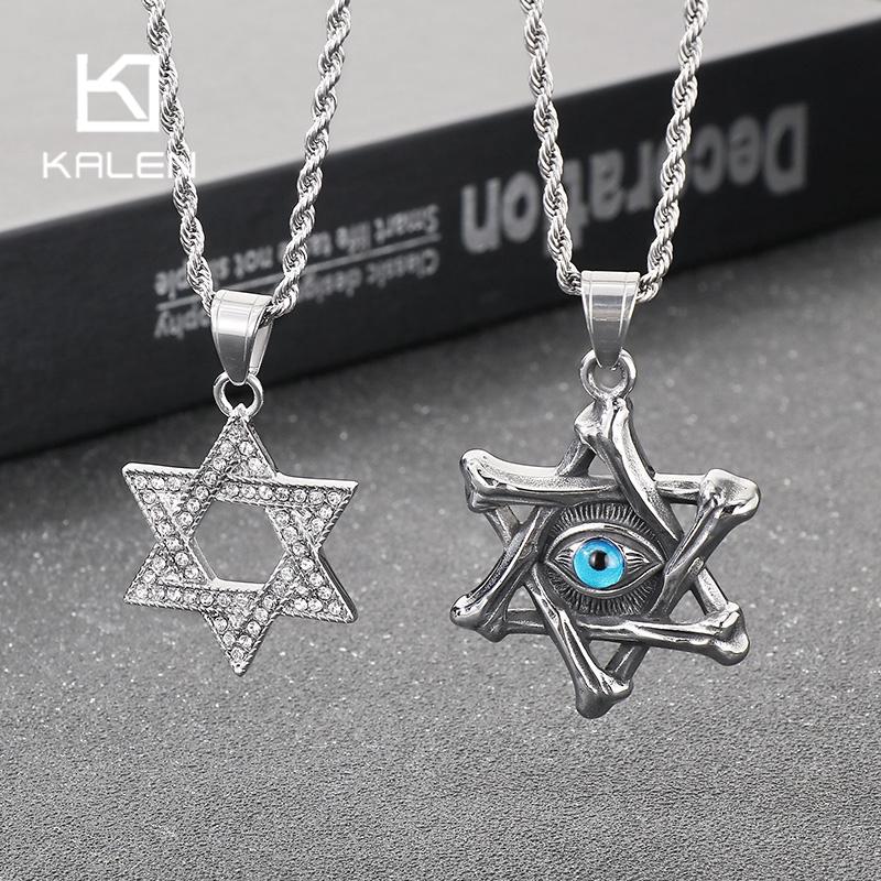 Stainless Steel Hexagram Pendant Necklace Men's Vintage Hollow Out Charms Accessories Zirconia Star Sweater Chain Jewelry