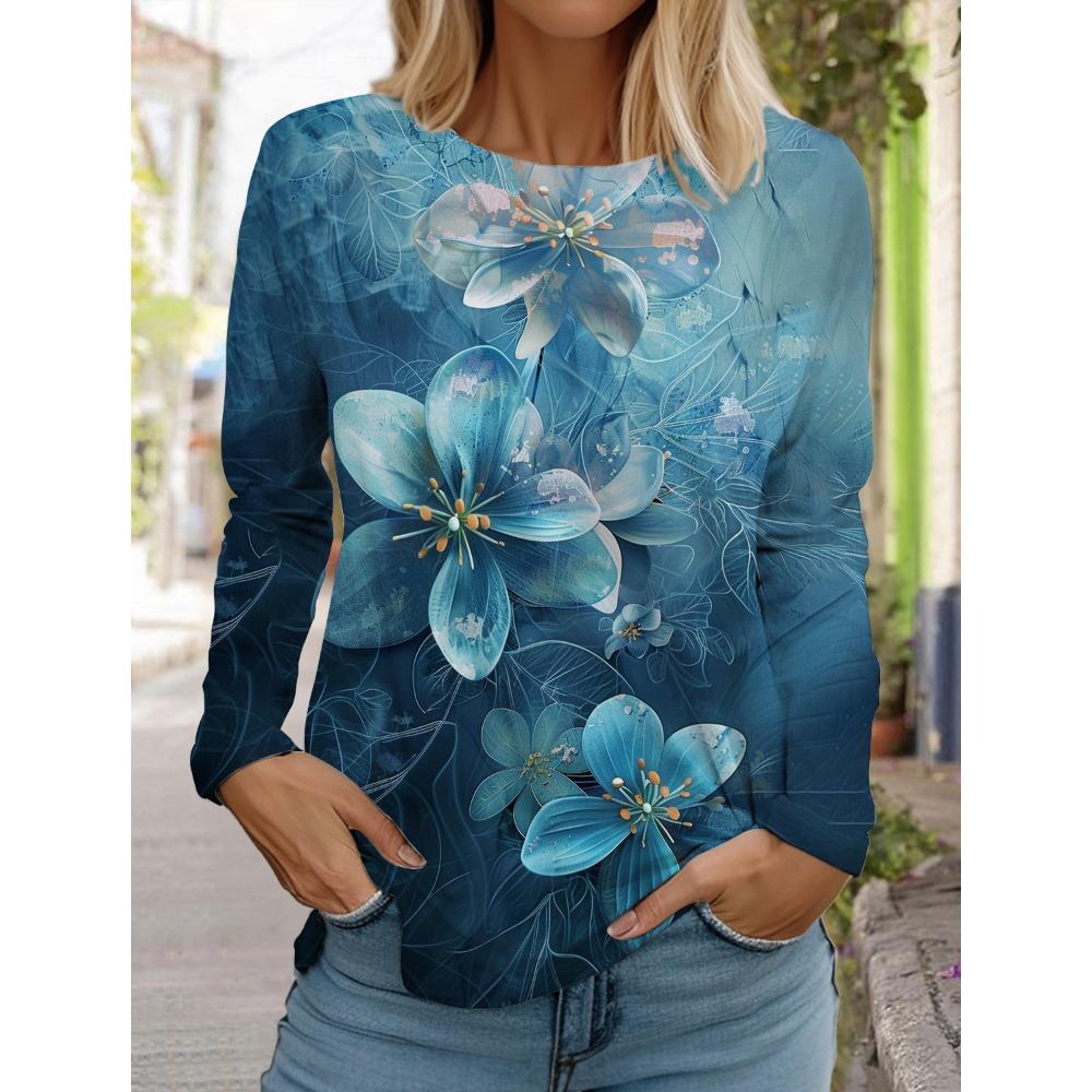 Women's 3D printed flower T-shirt, fashionable long sleeved round neck regular top, holiday weekend blue spring and autumn outfit