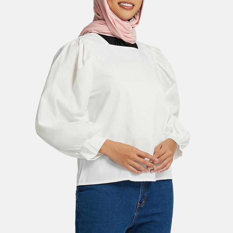 Women's Korean Fashion Lantern Sleeve Square Collar Shirt - Solid Color, Loose Fit