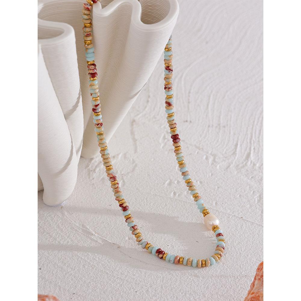 Yhpup Trendy Natural Stone Freshwater Pearl Collar Chain Necklace Stainless Steel Handmade Stylish Beads Jewelry Bijoux Gift