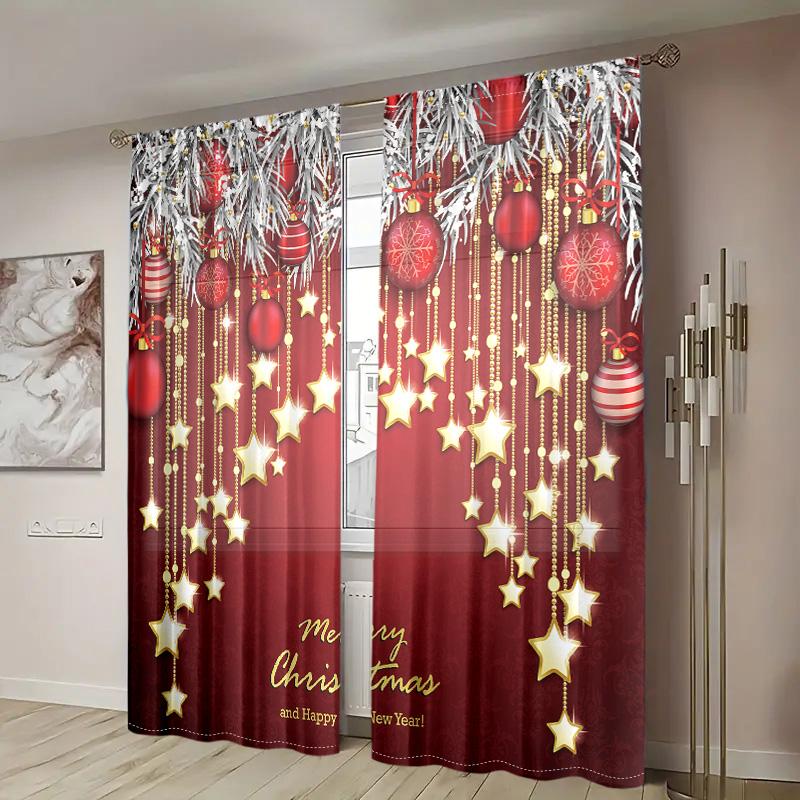 2 pieces, Christmas red ball celebration curtains -30% blackout - suitable for living room, bedroom, kitchen, home decoration