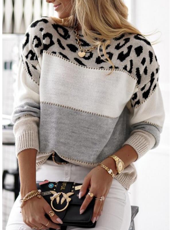 Women's Color Block Leopard Print Pullover: Long-Sleeved Casual Sweater for Autumn & Spring