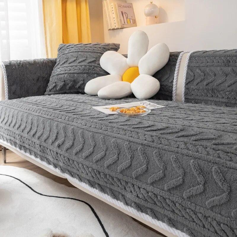 Winter Modern Solid Color Leather Sofa Towel Thicken Plush Armchair Corner Sofa Covers for Living Room Anti-slip Couch Cover