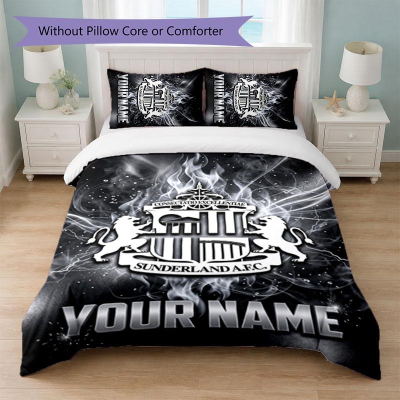 Set Biancheria da Letto Personalizzato Sunderland FC con Nome Testo 1 Copripiumino+2 Federe Logo Calcio Regalo Personalizzato per Occasione Speciale Decorazione Camera da Letto