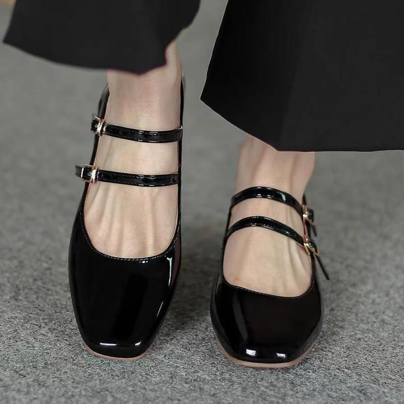 

Женские туфли-лодочки весна-осень с двойной пряжкой Туфли Мэри Джейн для женщин из лакированной кожи с квадратным каблуком и квадратной головкой, однотонные женские туфли 42