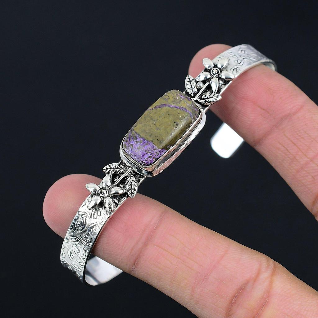 925 Silver Radiant Natural Purpurite Wife Flower Anniversary New Bangle Bracelet