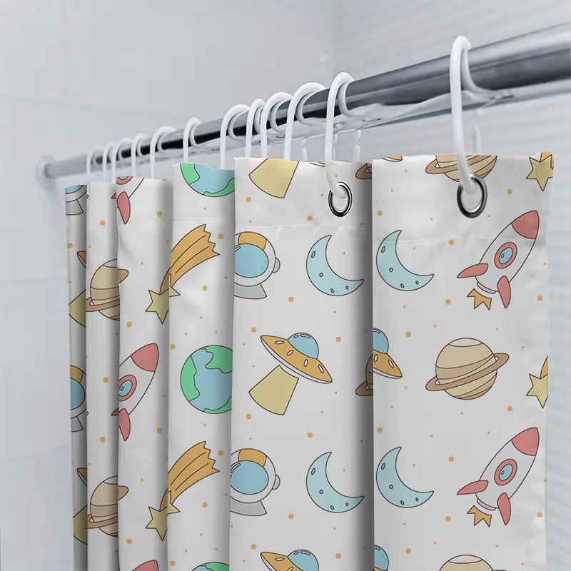 Space Exploration Shower Curtain Cartoon Print Bathroom Decor Set Cute Space Ship, Planet Earth Moon Design For Kids
