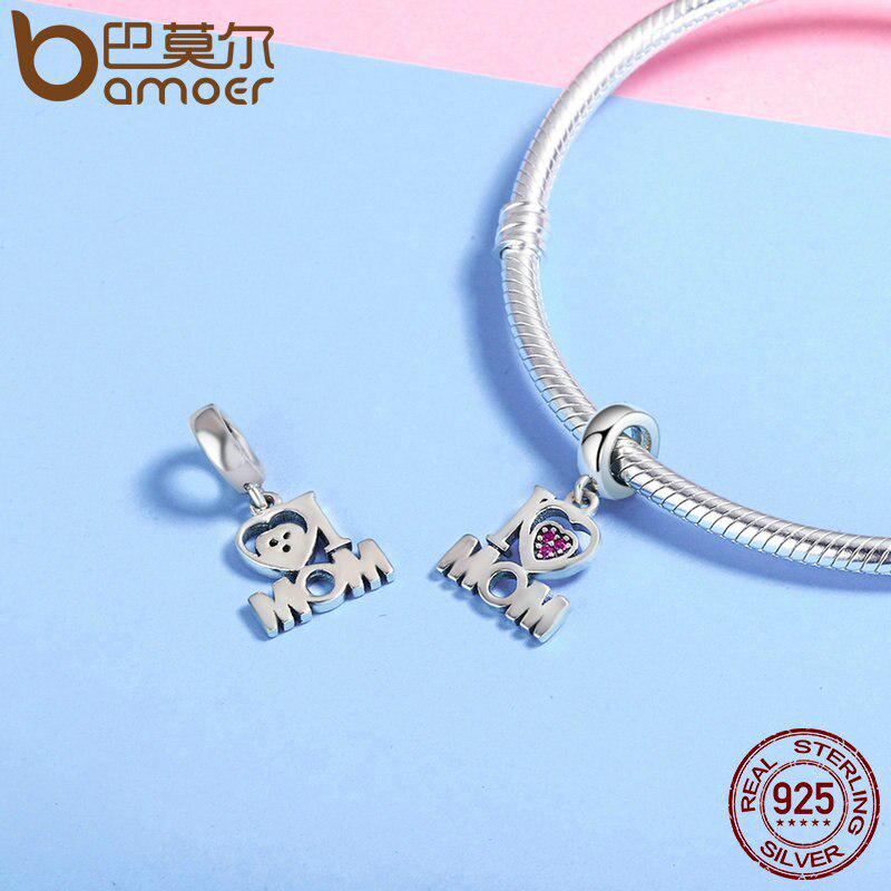 BAMOER 100% Authentic 925 Sterling Silver I Love Mom Letter Pendant Charms Fit Bracelets