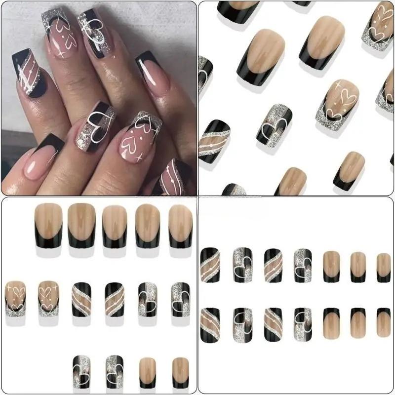 24 Pieces of Chinese Valentine's Day Simple Black and White Silver Graffiti Love Line Design, Wearing Nail Art, Nail Art, Fake Nails