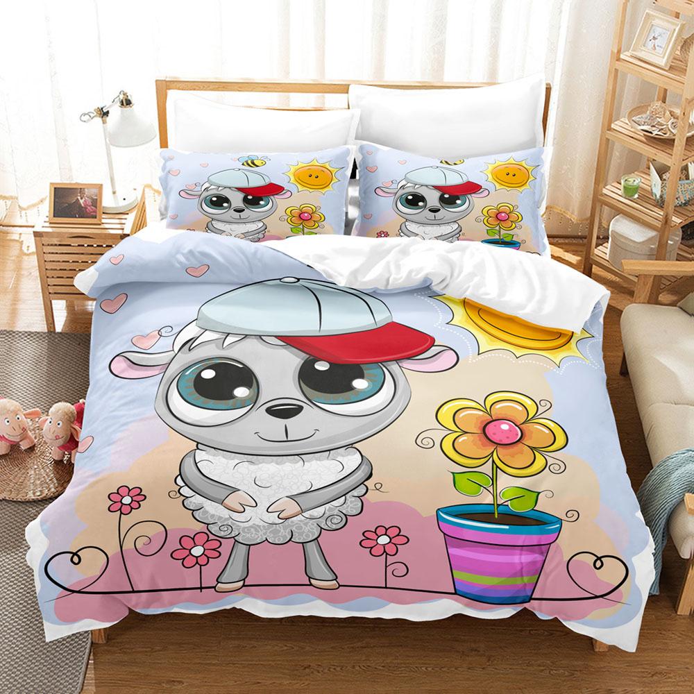 Cartoon Sheep Duvet Cover Set Cute White Sheep Flowers Pattern King Queen Full Size For Kids Boy Girl Gift Polyester Bedding Set