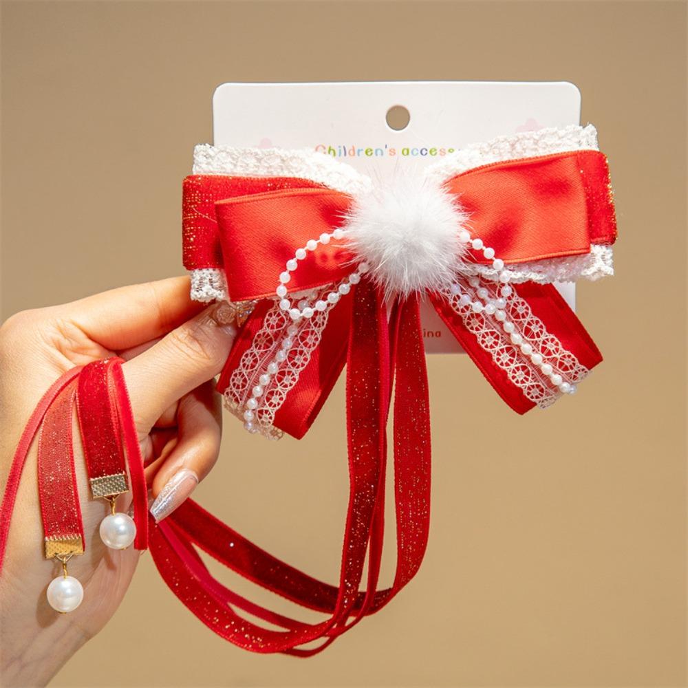 Tassel Red Bow Hair Clip Lion Embroidered Bow Headwear Children's Chinese Hairpin Decoration
