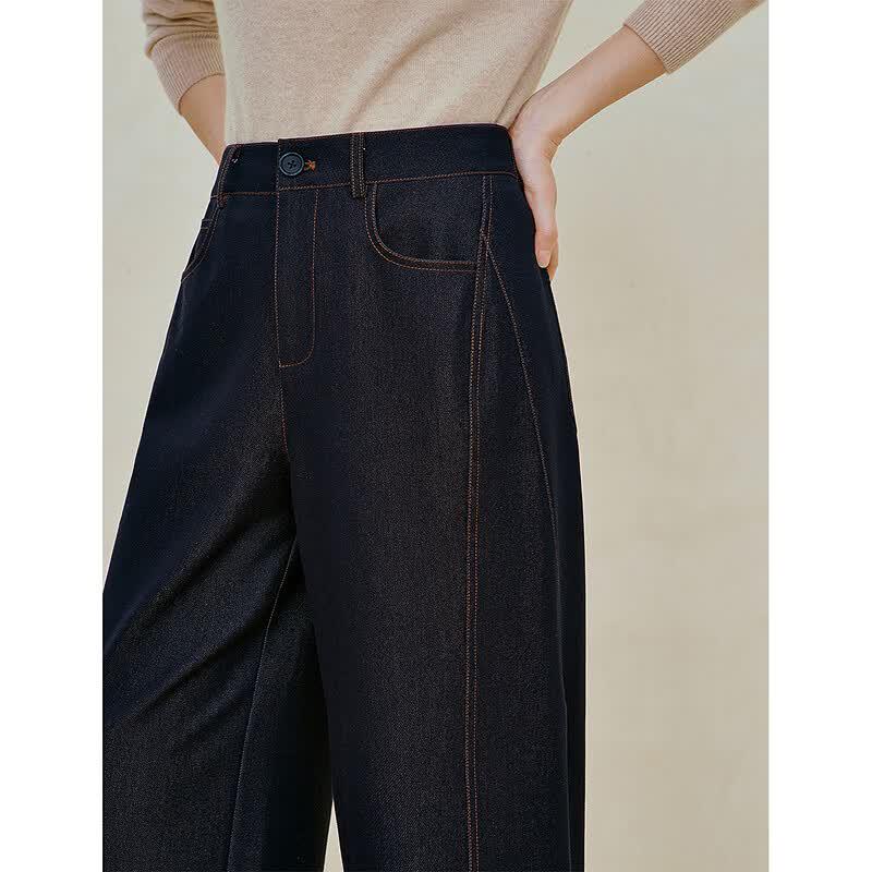 INMAN Women's Side Split Faux Denim High-Waist Wide-Leg Pants