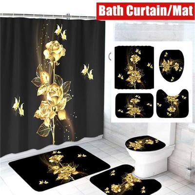 Ensemble de tapis antidérapants pour salle de bain, impression 3D, Rose dorée, rideau de douche imperméable, tapis de sol