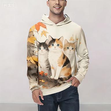 Men's Cat Graphic Print Hoodie Casual Long Sleeve Hoodie for Outdoor Warmth