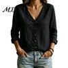 Early Autumn Women Shirt V-Neck Long Sleeves Shirt, Solid Color Button Front Cotton Casual Linen Blouse, Breathable Loose Fit Top for Daily