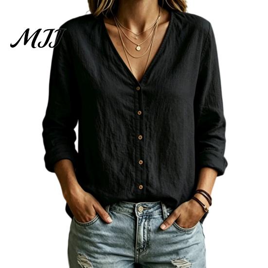 Early Autumn Women Shirt V-Neck Long Sleeves Shirt, Solid Color Button Front Cotton Casual Linen Blouse, Breathable Loose Fit Top for Daily