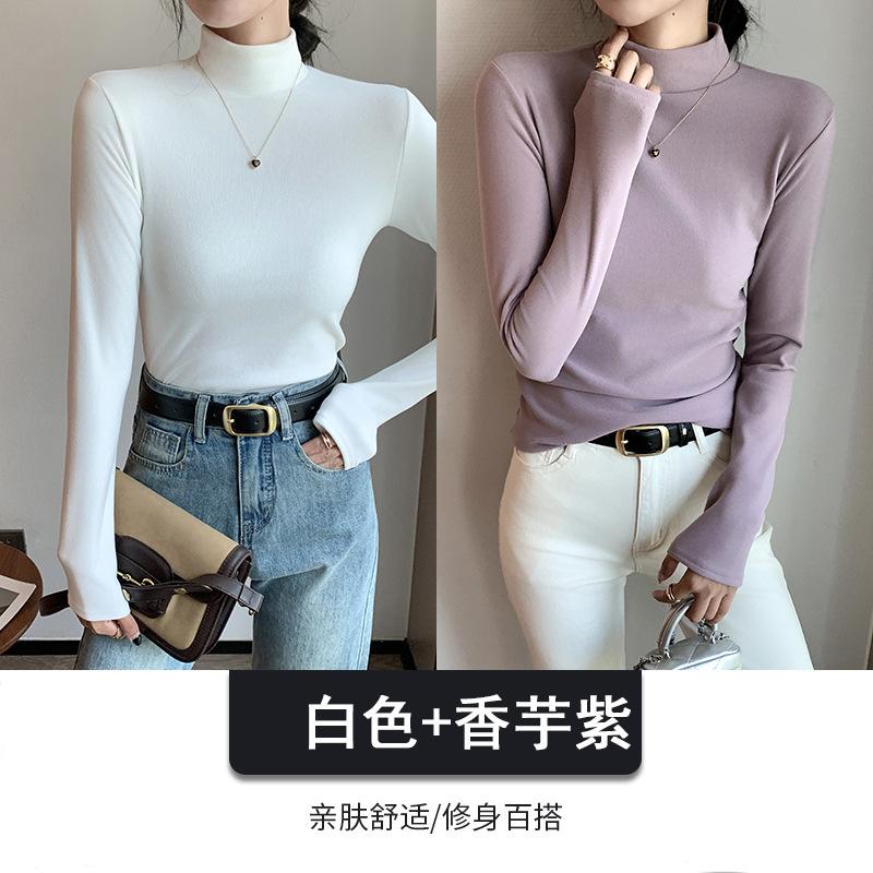 Combination Semi-turtleneck Double-sided German Velvet Bottoming Shirt for Women's Autumn and Winter with Solid-color Warm Long-sleeved Top