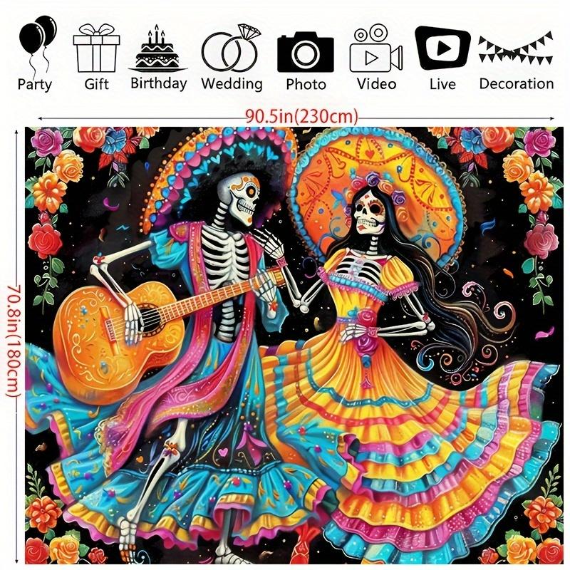 One piece Mexican Day of the Dead themed background cloth Mexican carnival skeleton couple and flower cartoon ghost